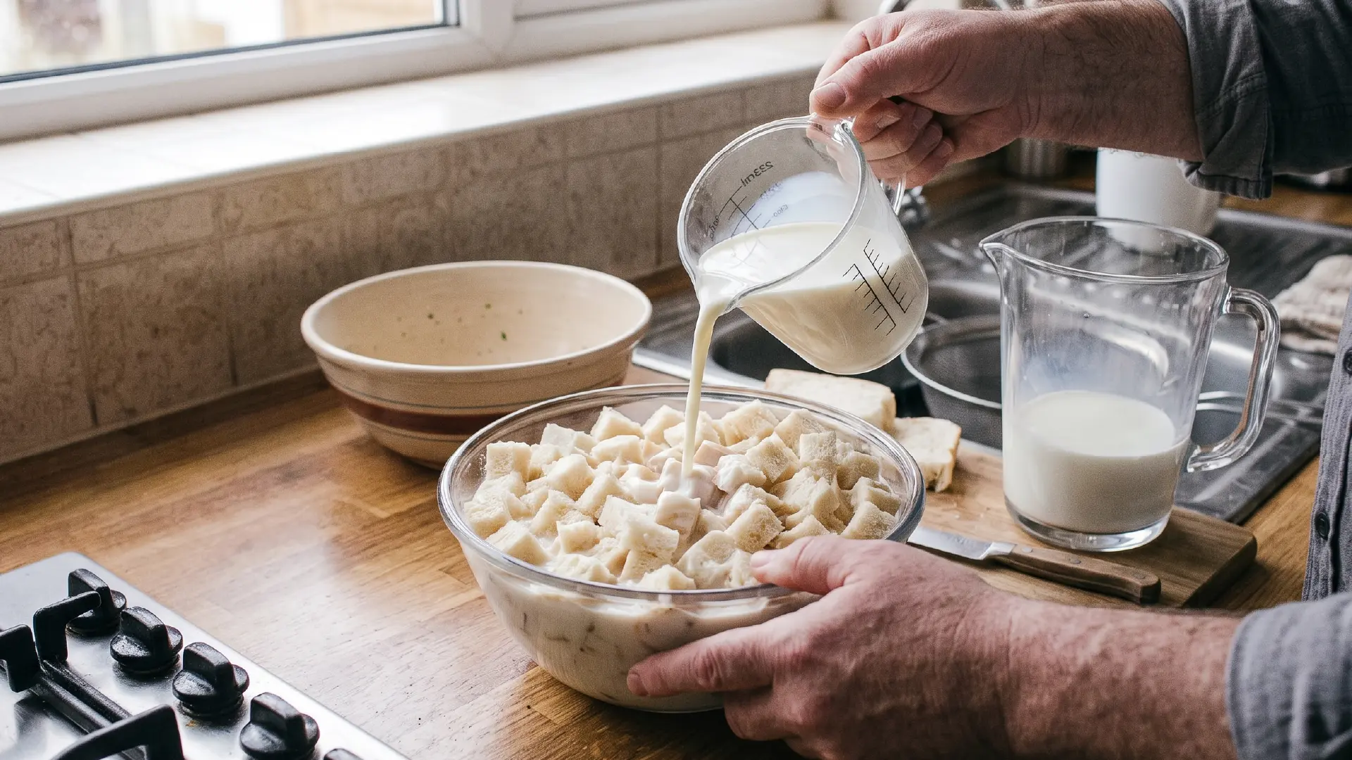 Hands pouring milk from a measuring pitcher over a glass bowl filled with cubed white bread on a wooden kitchen counter.