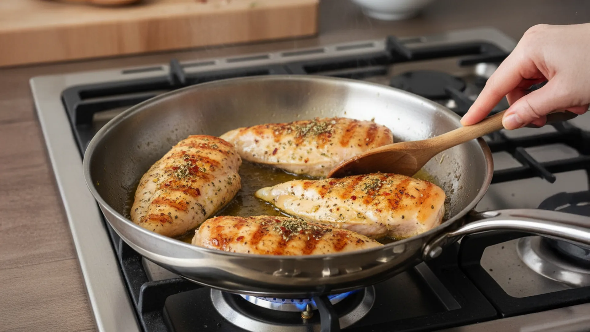 Slabs of chicken breast cooking on a frying pan 