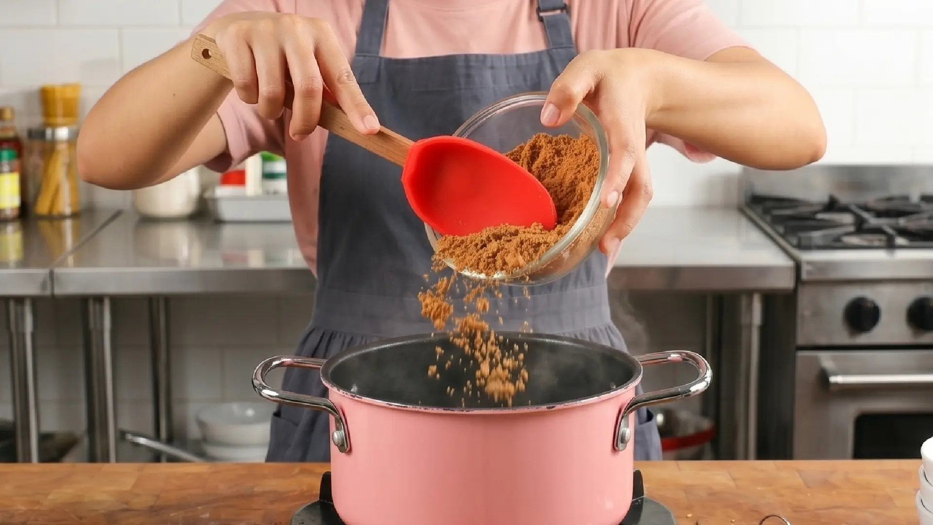 A person in a grey apron uses a red spatula to pour brown sugar from a glass bowl into a pink pot on a kitchen counter.