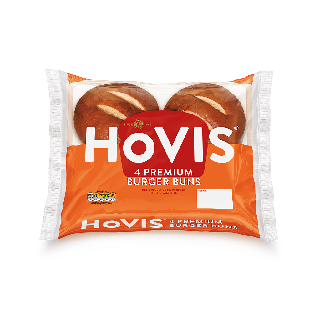 Four Hovis Burger Buns in a transparent square packaging featuring the Boy on the Bike, a grey stripe, golden wheat, and the Hovis logo on top.
