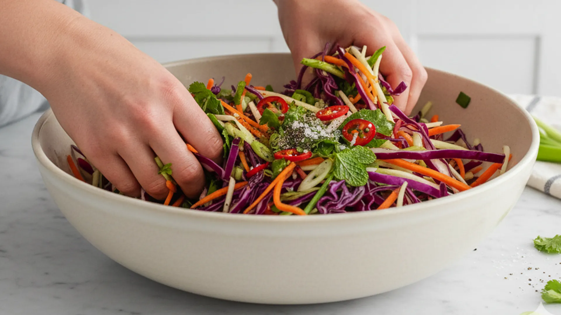 Someone mixing a bowl of slaw with their hands 