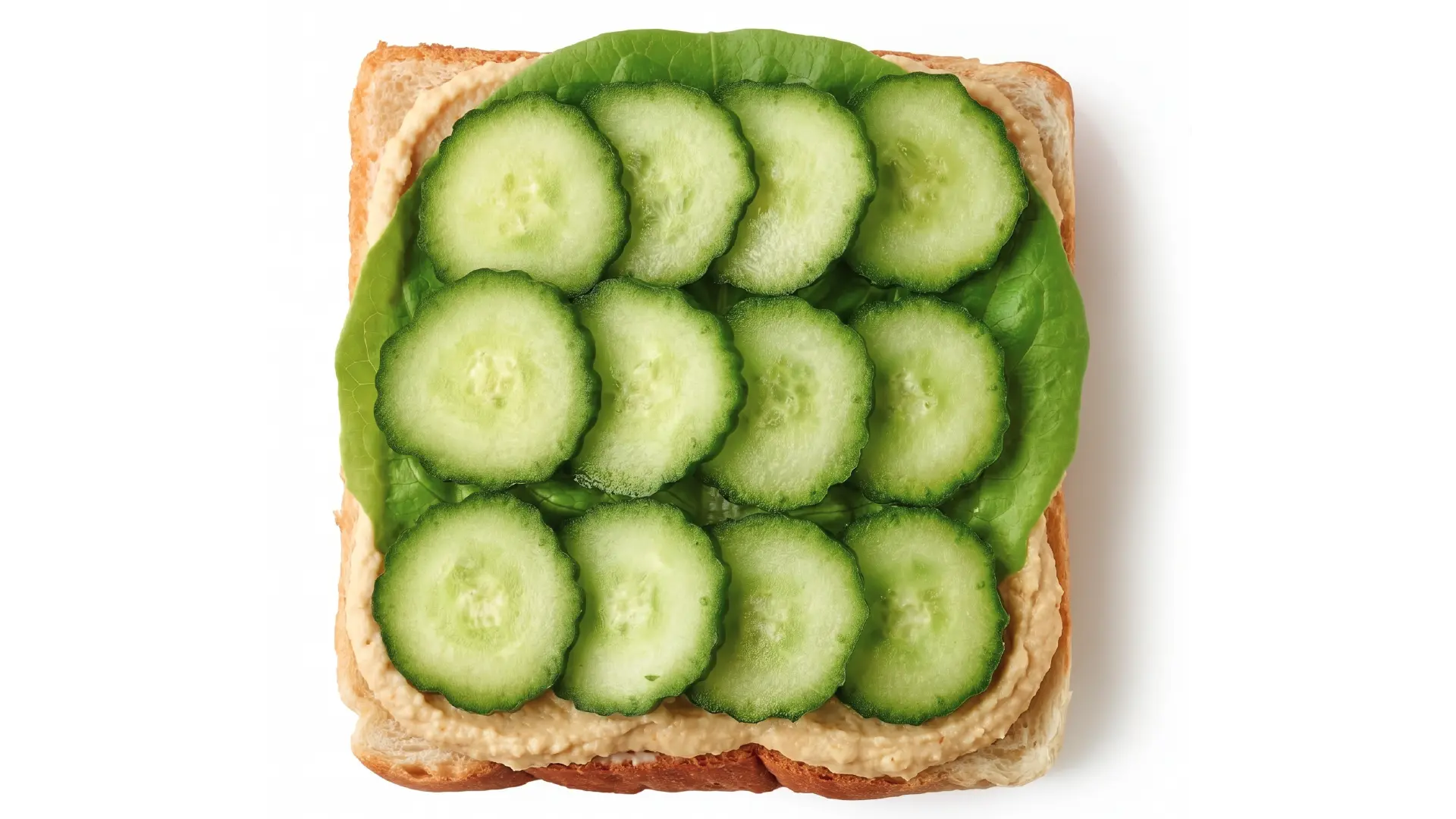 Top down view of sliced cucumbers neatly arranged over green lettuce and hummus on a single slice of white bread.