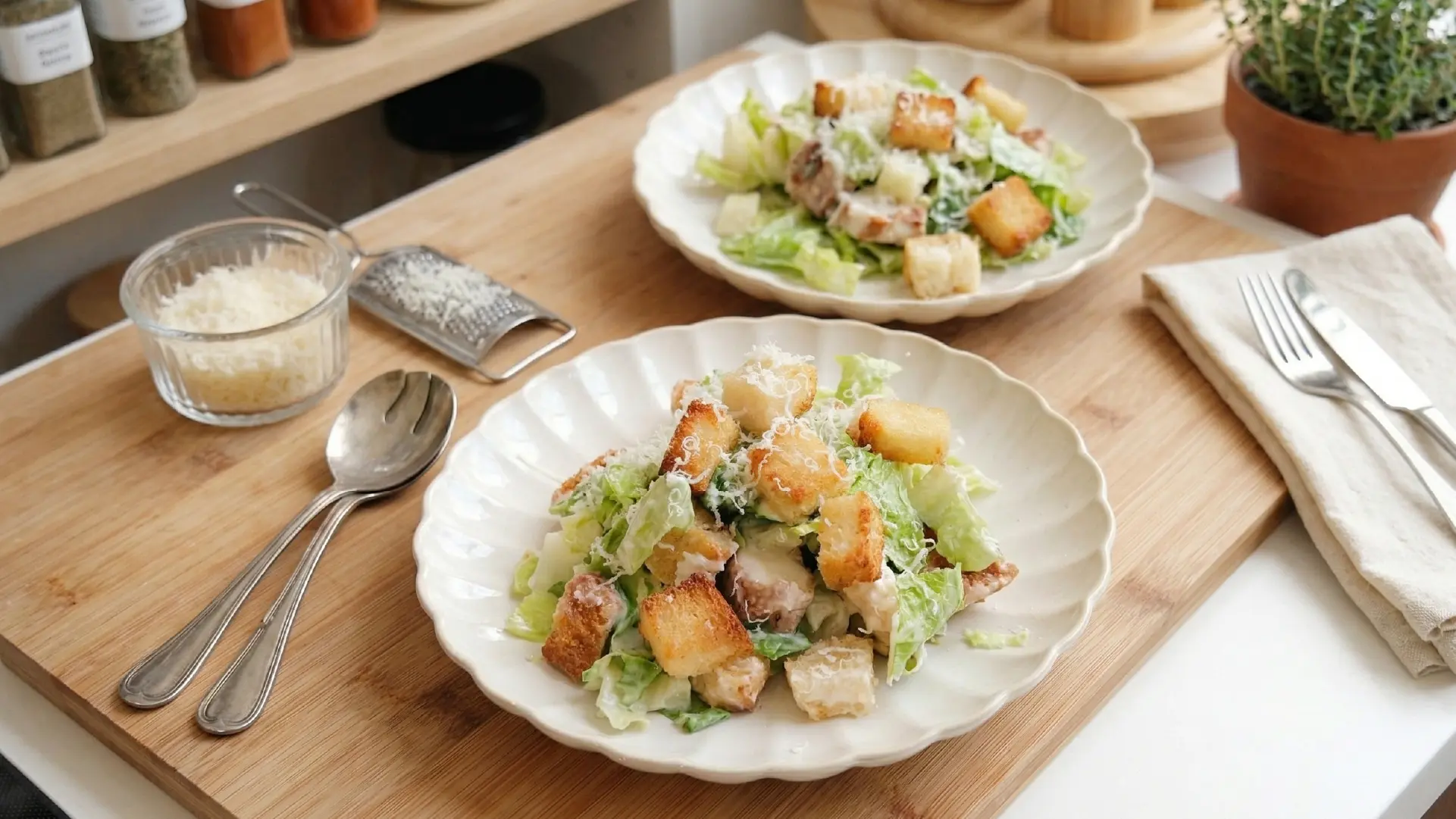 Two plates of fresh Caesar salad with large croutons and shaved parmesan, served on a wooden board with silver cutlery.