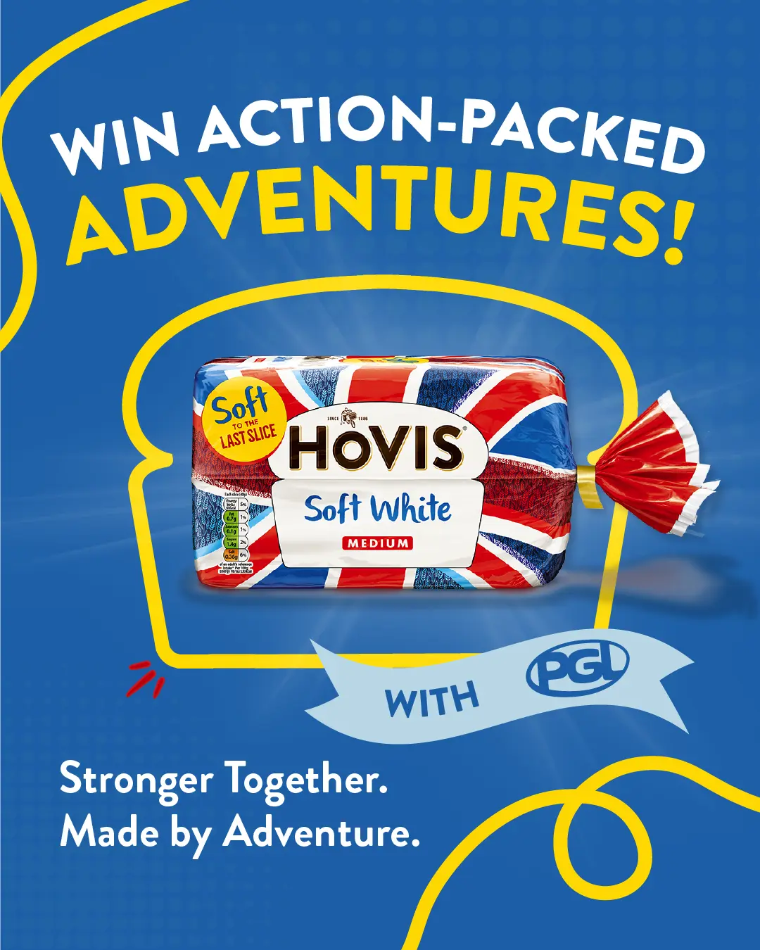 An ad for Hovis bread featuring a Union Jack loaf inside a yellow outline, promoting a competition to win PGL adventures.