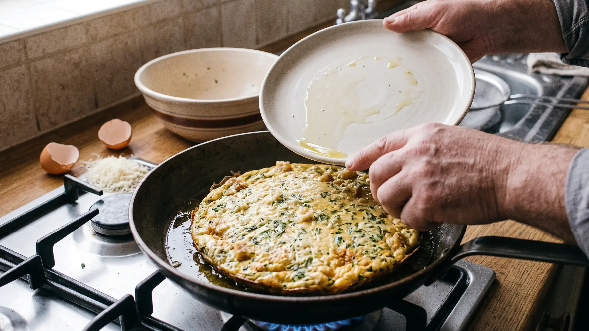 Hands placing a white ceramic plate over a skillet containing a golden-brown cooked bread frittata to flip it onto the pan.