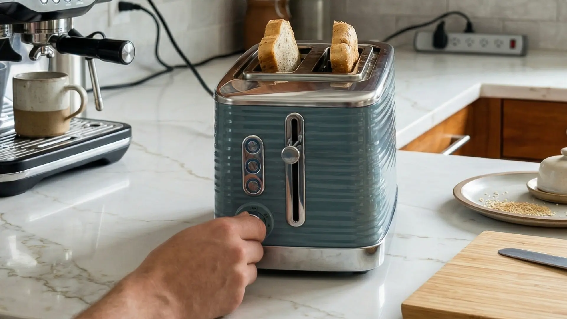 Adjusting the dial on a light blue retro-style toaster with two slices of seeded bread popping up on a marble countertop.