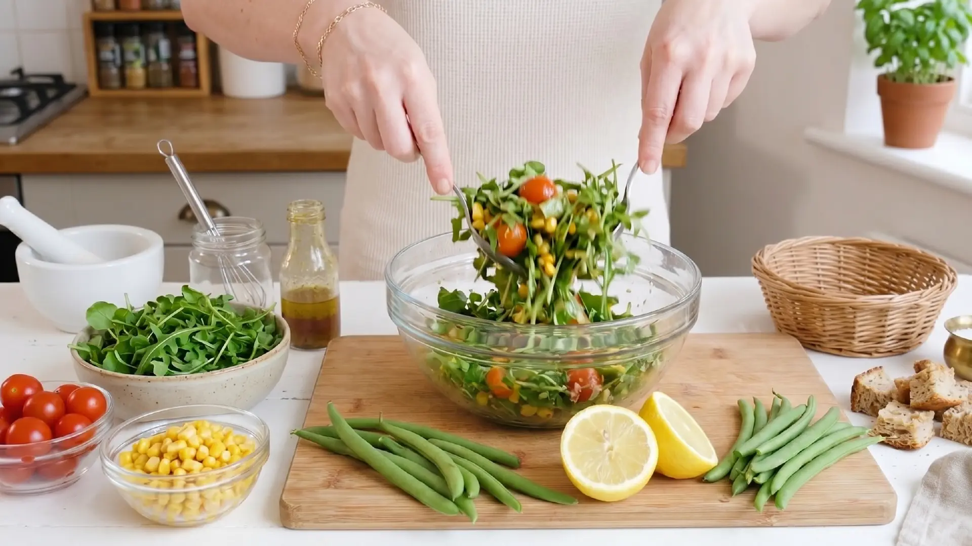 A person uses servers to toss a vibrant green salad in a large glass bowl on a kitchen counter filled with fresh ingredients.