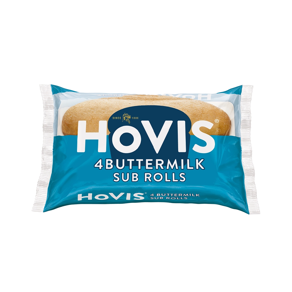 A blue pack with Hovis on reads '4 Buttermilk Rolls' with 4 soft rolls inside.