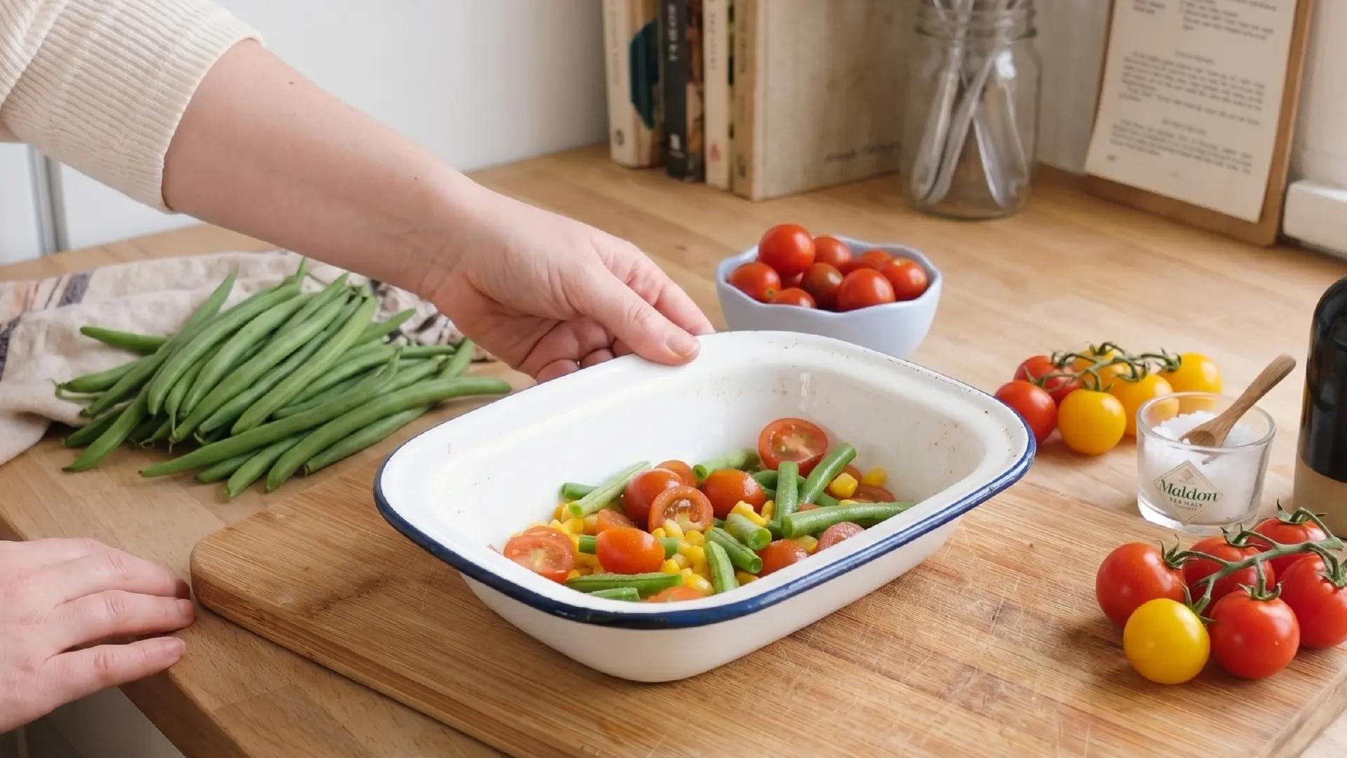 A white enamel dish with tomatoes, green beans, and corn rests on a kitchen counter next to fresh ingredients.