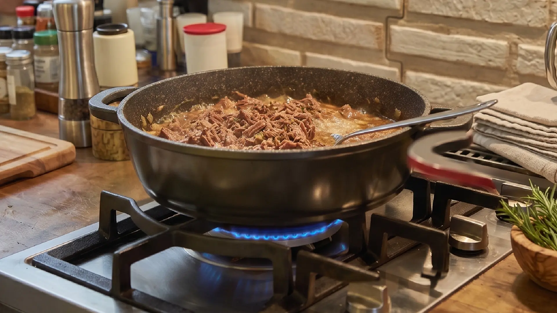 A large black pot simmered on a gas stove burner with shredded beef, surrounded by kitchen spices and a rosemary sprig.