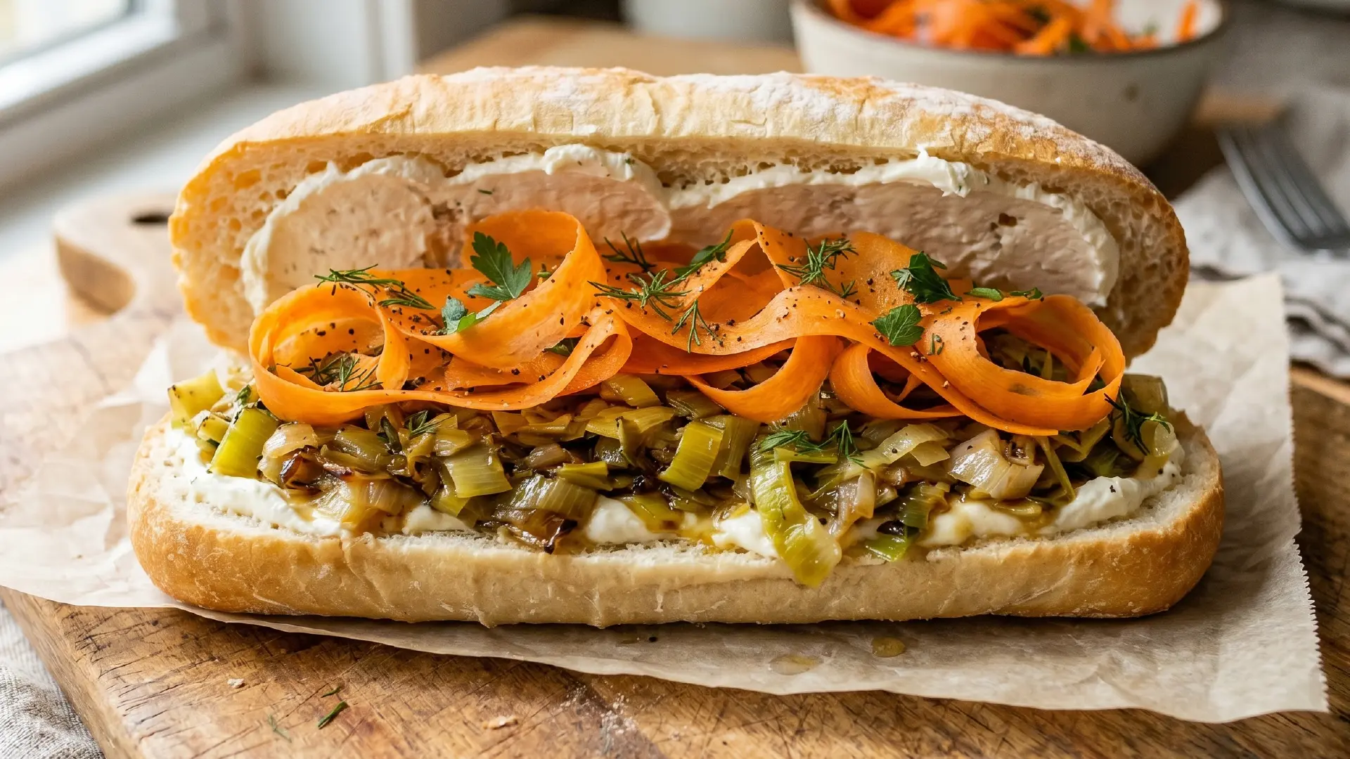A sandwich on a crusty roll layered with cream cheese, sautéed leeks, and curled carrot ribbons, topped with fresh herbs.