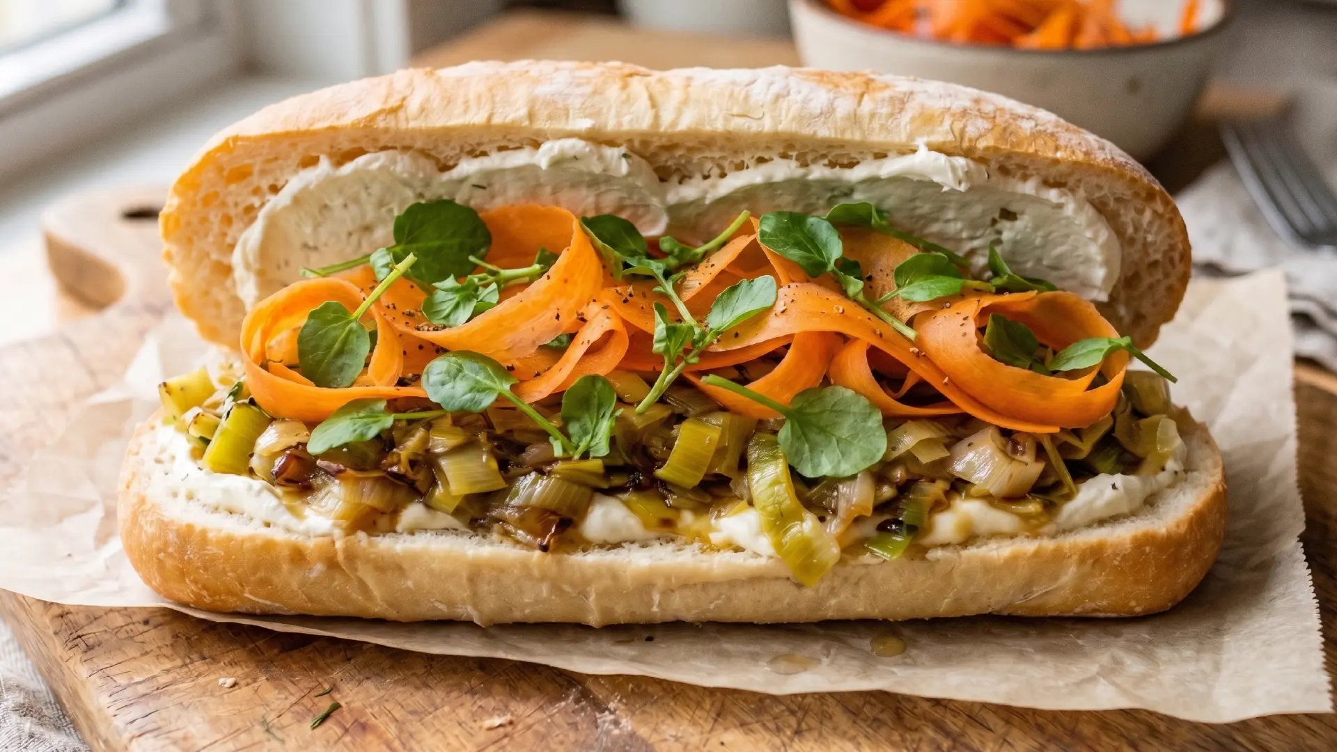 A sandwich on a crusty roll layered with cream cheese, sautéed leeks, and curled carrot ribbons, topped with fresh herbs.