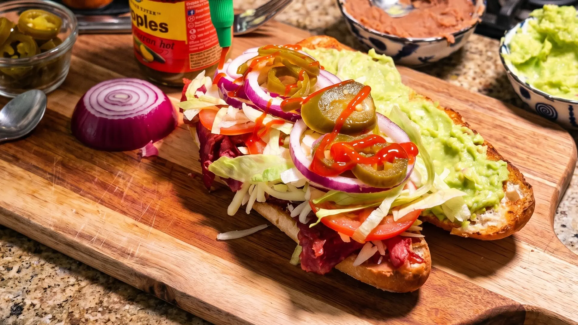 Hot sauce is drizzled onto a loaded sandwich with meat, cheese, onions, tomatoes and jalapeños on a cutting board.