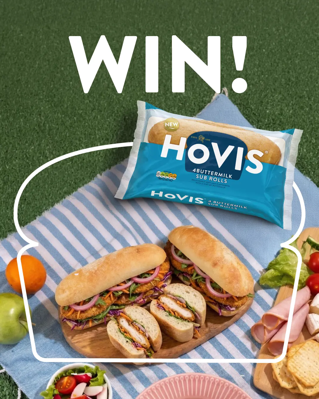 An ad for Hovis Buttermilk Sub Rolls on a picnic blanket, featuring filled chicken sandwiches with red onion and salad.
