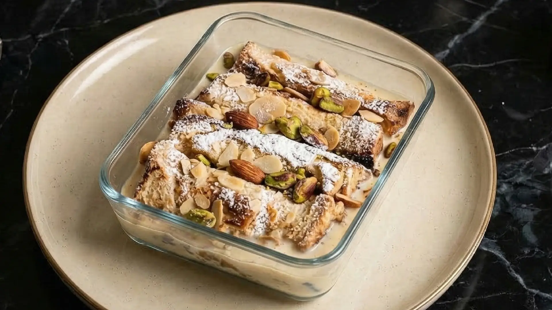 A glass dish of Sheer Khurma , a bread pudding topped with sliced almonds, whole pistachios, and a dusting of powdered sugar.