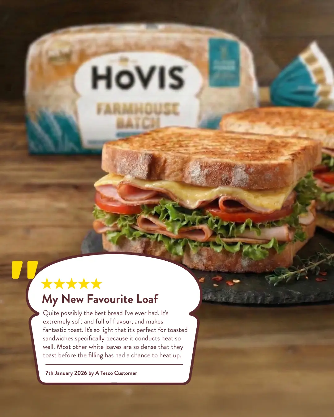 An ad for Hovis Farmhouse Batch bread featuring a toasted ham, cheese, and lettuce sandwich alongside a 5-star customer review.
