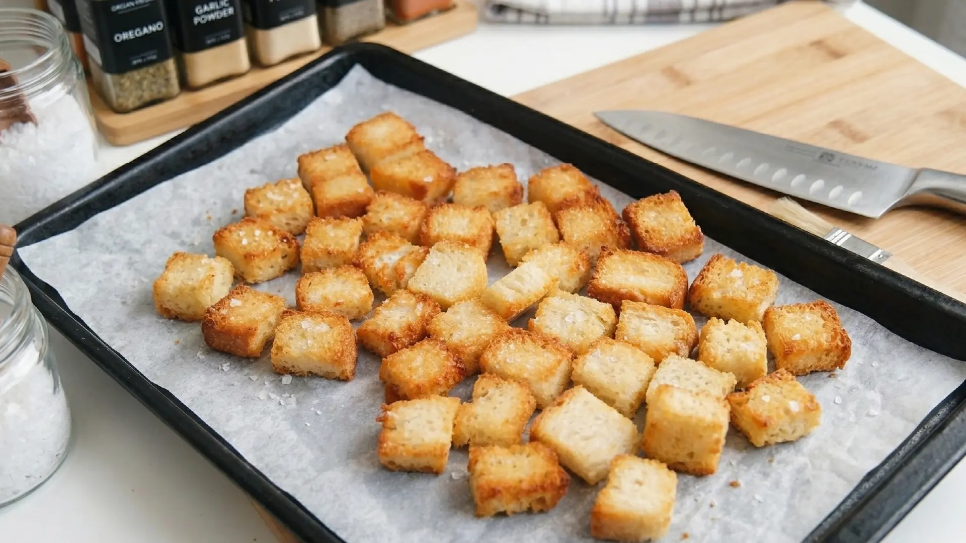 Golden brown, toasted bread cubes seasoned with sea salt on a parchment-lined baking sheet, ready for a Caesar salad.