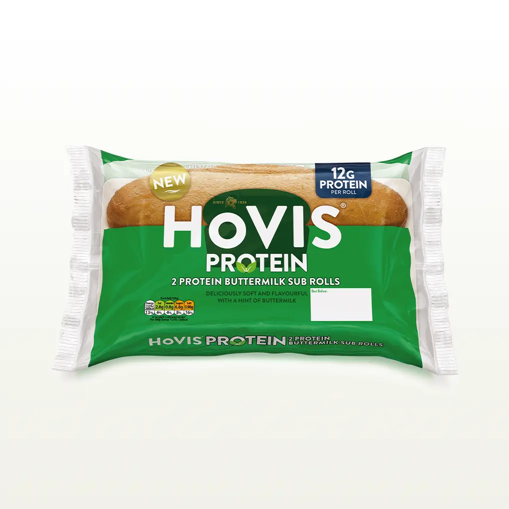The pack shows two soft sub rolls with 12g of protein per roll and highlights “Deliciously soft and flavourful with a hint of buttermilk.” The pack sits on a white backdrop with a subtle shadow.
