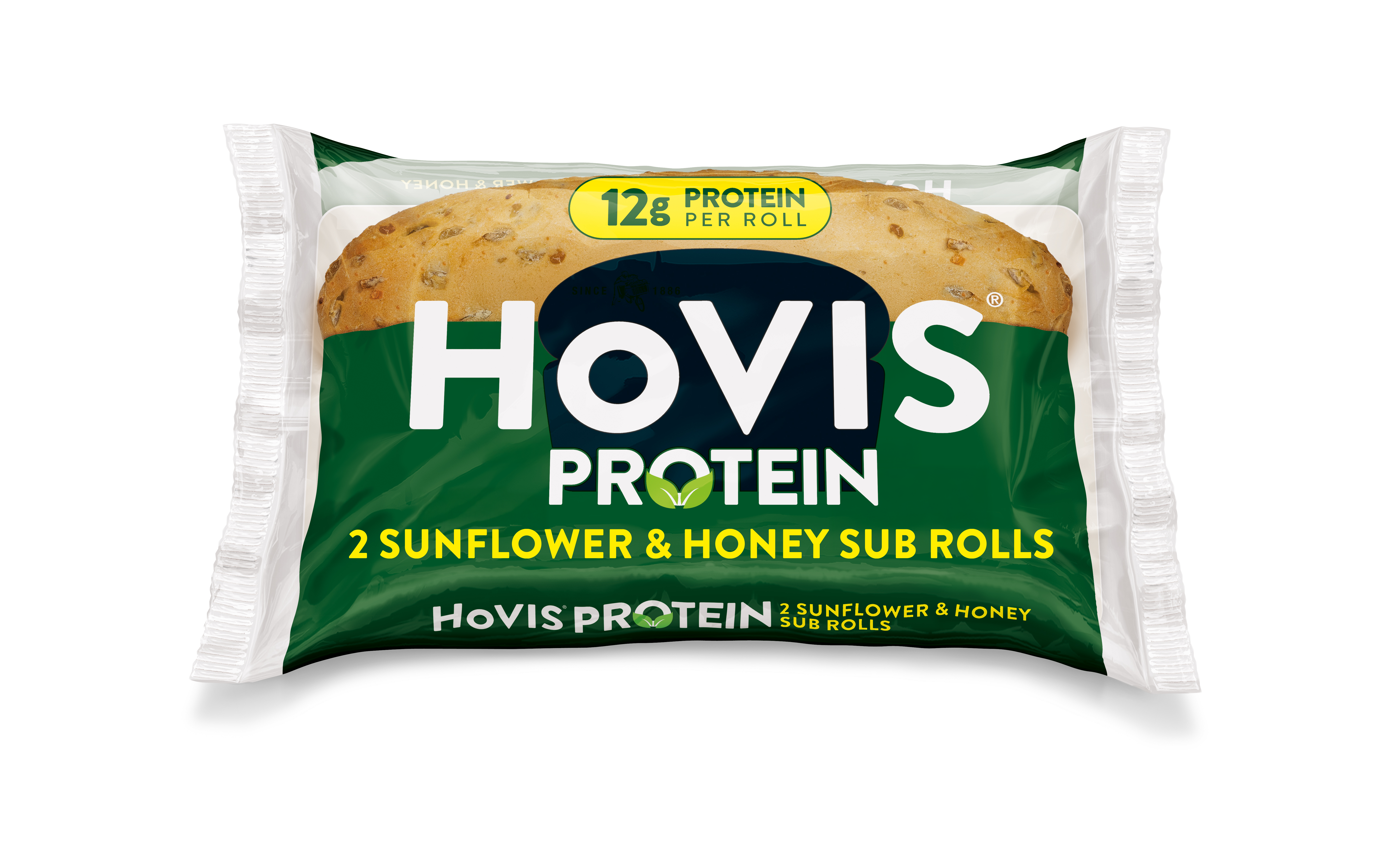 The pack shows two soft sub rolls with delicious sunflower seed on top “Deliciously soft and flavourful with a hint of honey.” The pack sits on a white backdrop with a subtle shadow.