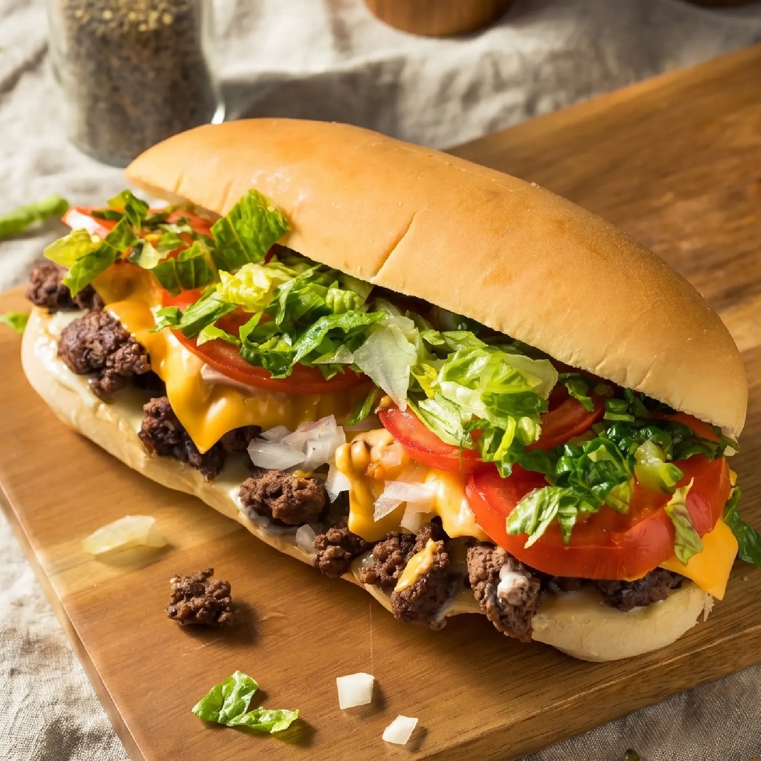 A Mexican inspired sub roll with melted cheese, lettuce and tomato on a wooden cutting board.