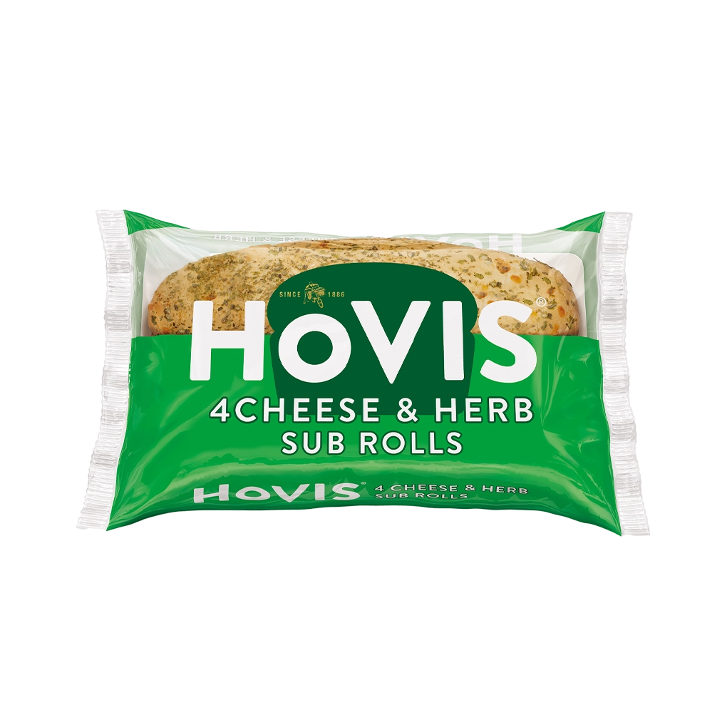 A green pack with Hovis on reads '4 Cheese and Herb Rolls' with 4 soft rolls inside.