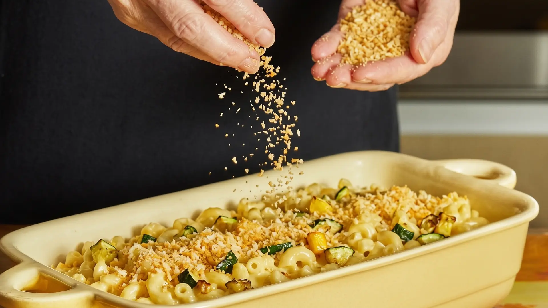 A person sprinkles golden-brown breadcrumbs over a casserole dish filled with macaroni and roasted courgette pieces.