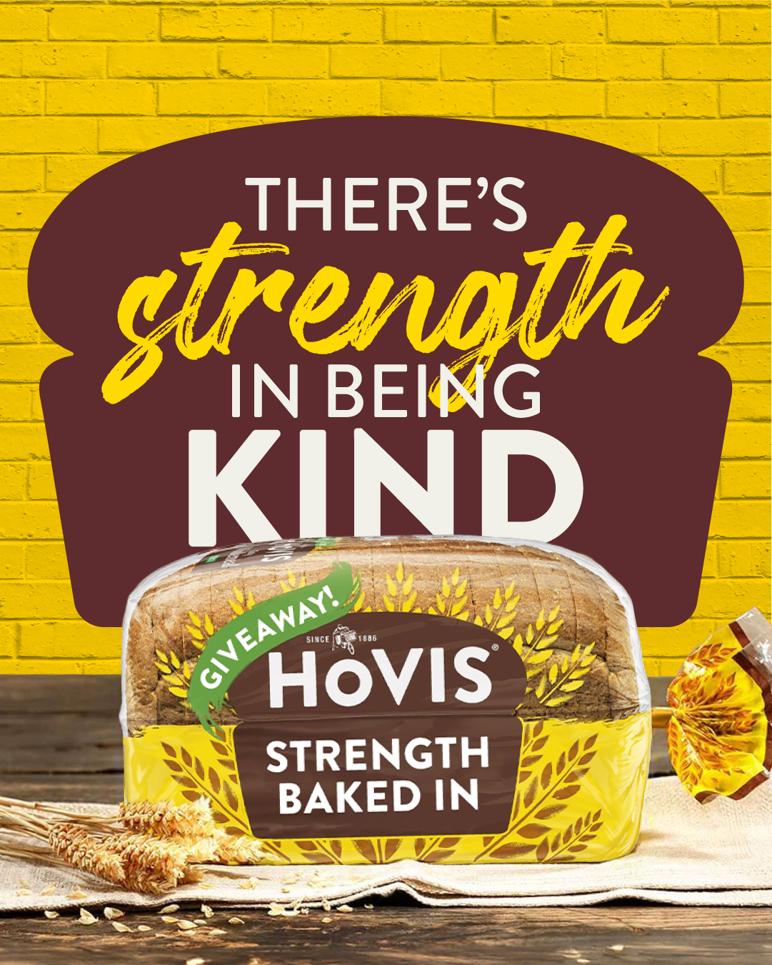 A graphic for a Hovis bread giveaway against a yellow brick background.