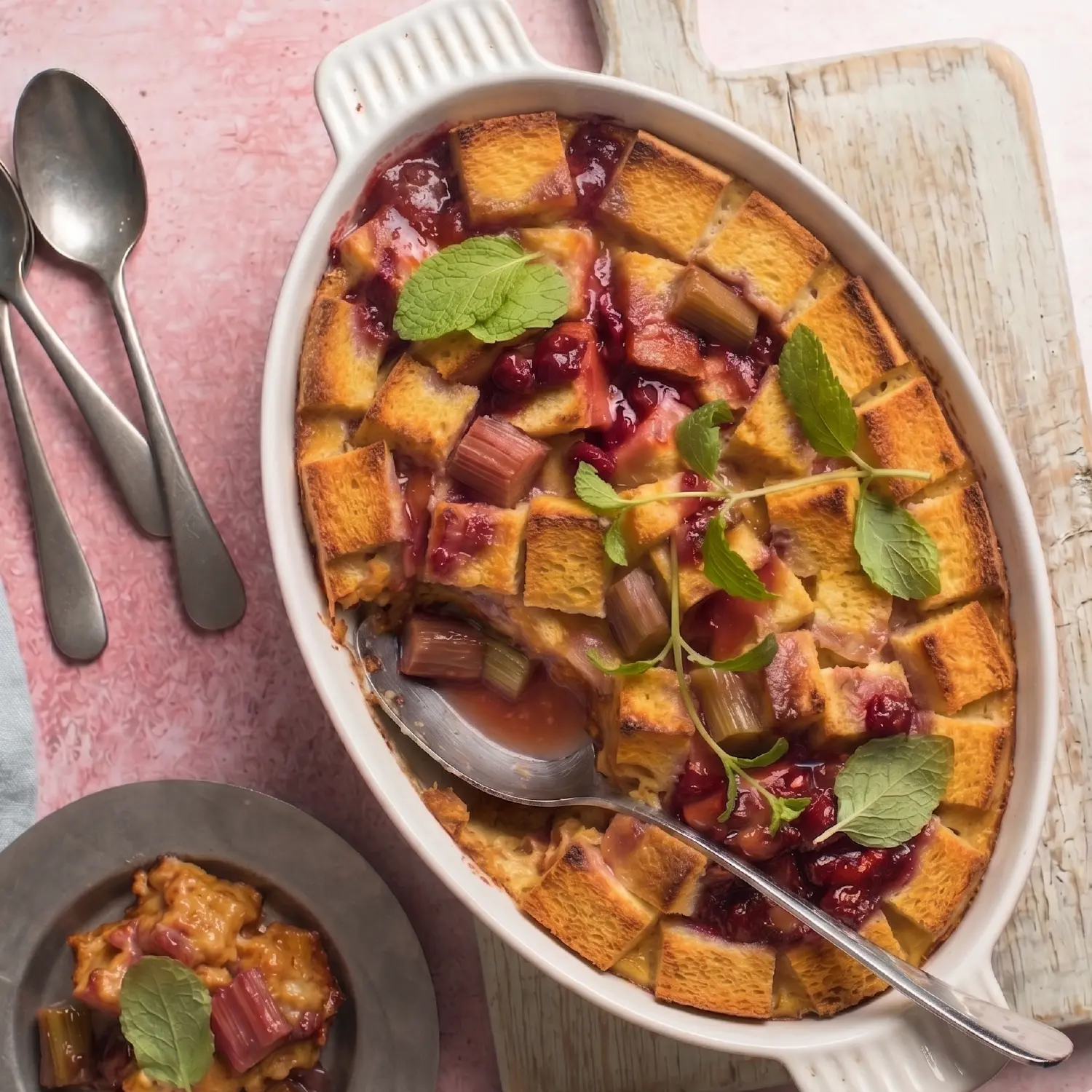 An overhead view of a golden-brown rhubarb bread pudding in an oval dish, topped with red berries and fresh mint leaves.