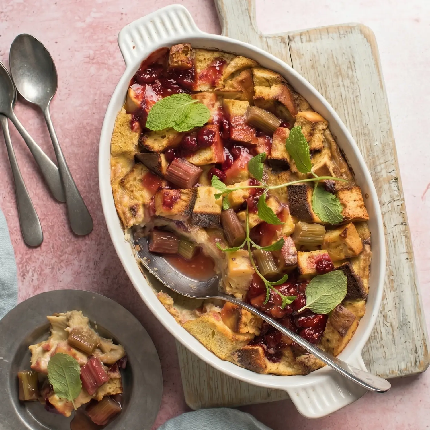 An overhead view of a golden-brown rhubarb bread pudding in an oval dish, topped with red berries and fresh mint leaves.