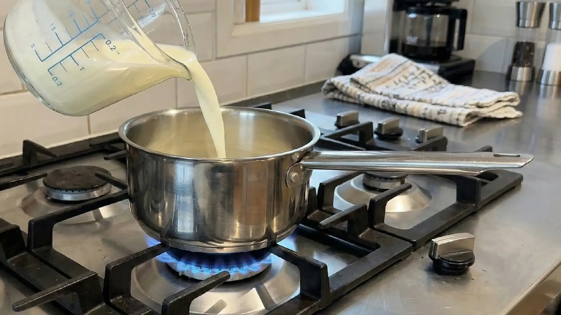 Milk being poured from a glass measuring jug into a stainless steel saucepan on a lit gas stove burner.
