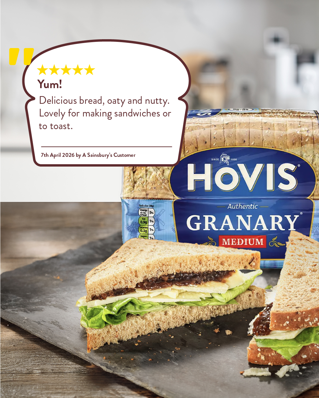 A 5-star customer review alongside a fresh sandwich and a loaf of Hovis Granary bread.