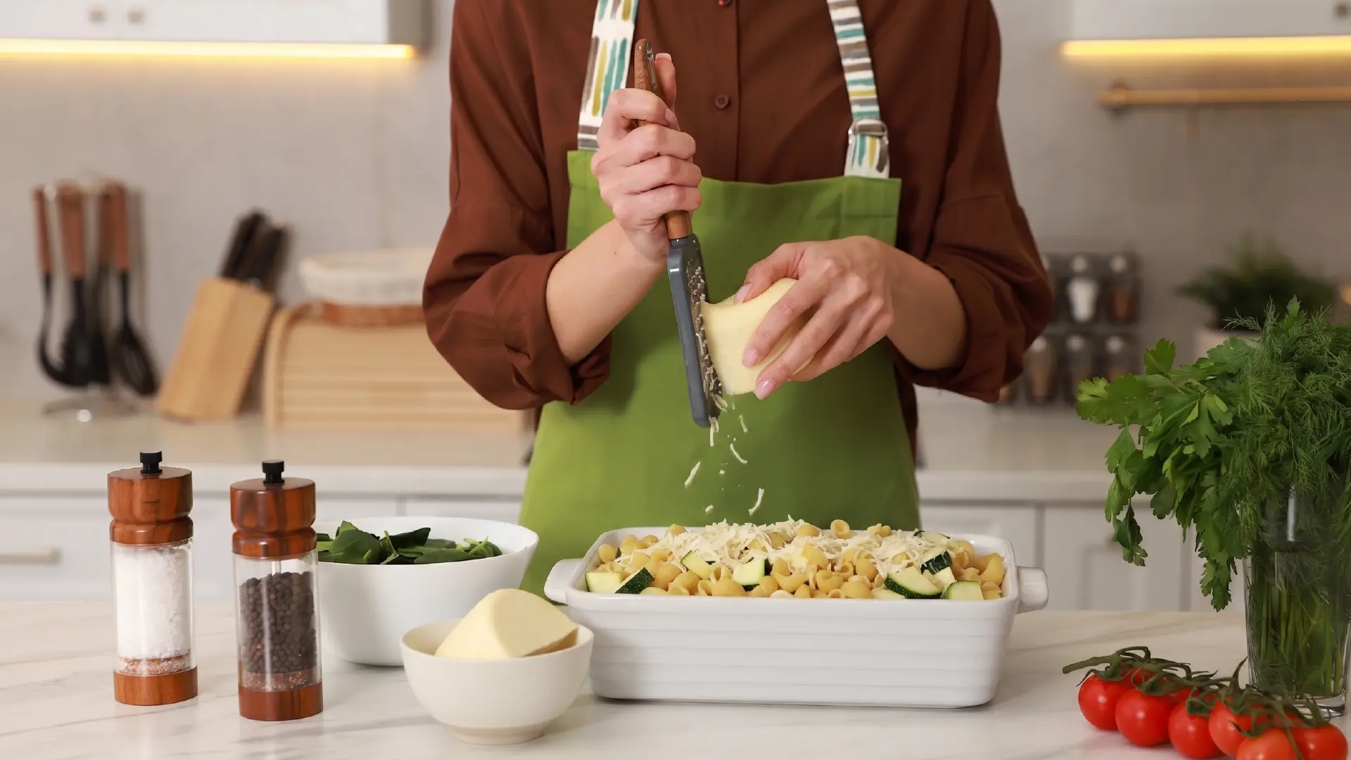A person in a green apron grates fresh cheese over a white baking dish filled with courgette and macaroni pasta.