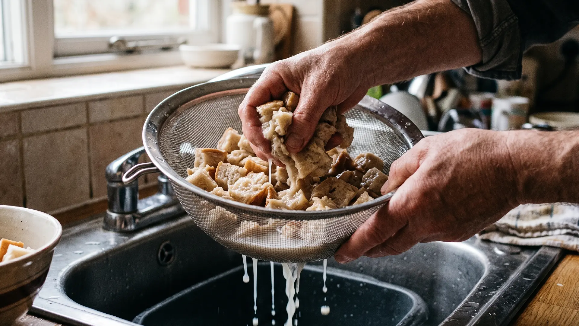 Hands gently squeezing milk out of soaked bread cubes in a metal colander over a kitchen sink to prepare a frittata.