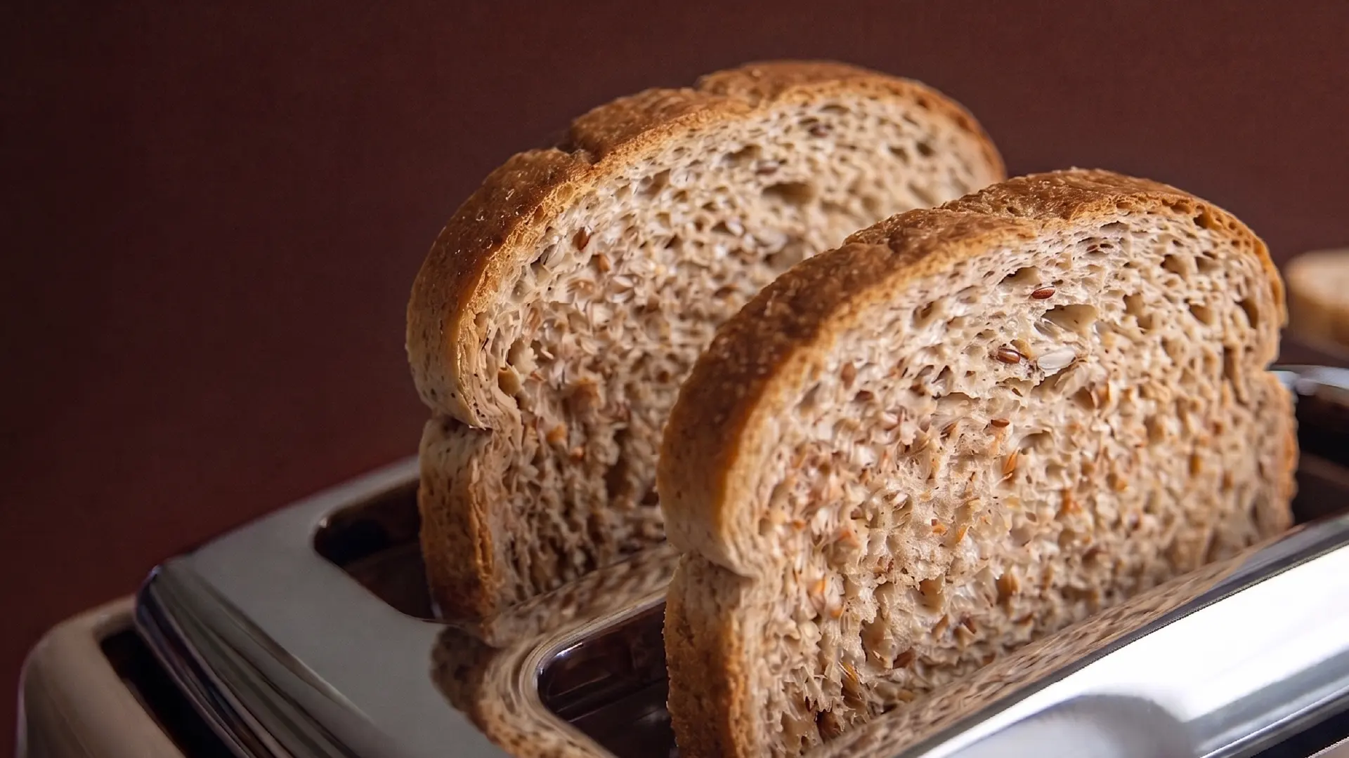 Two slices of golden-brown whole grain toast popping out of a white toaster against a warm, neutral background.