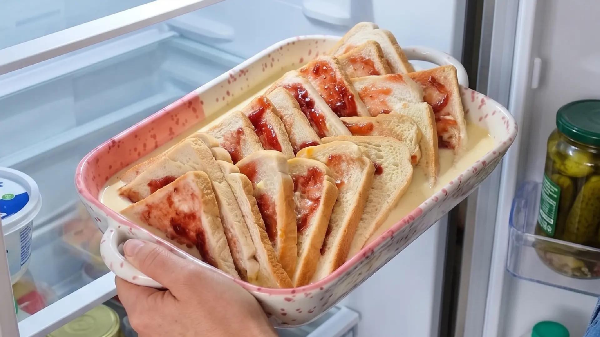 Hands place a baking dish of jam sandwich slices soaked in liquid custard inside an open refrigerator.