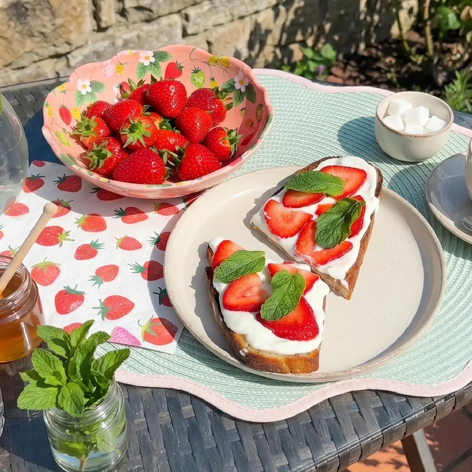 Two slices of toasted bread topped with creamy cheese, fresh strawberry slices, and basil leaves, served on a ceramic plate.