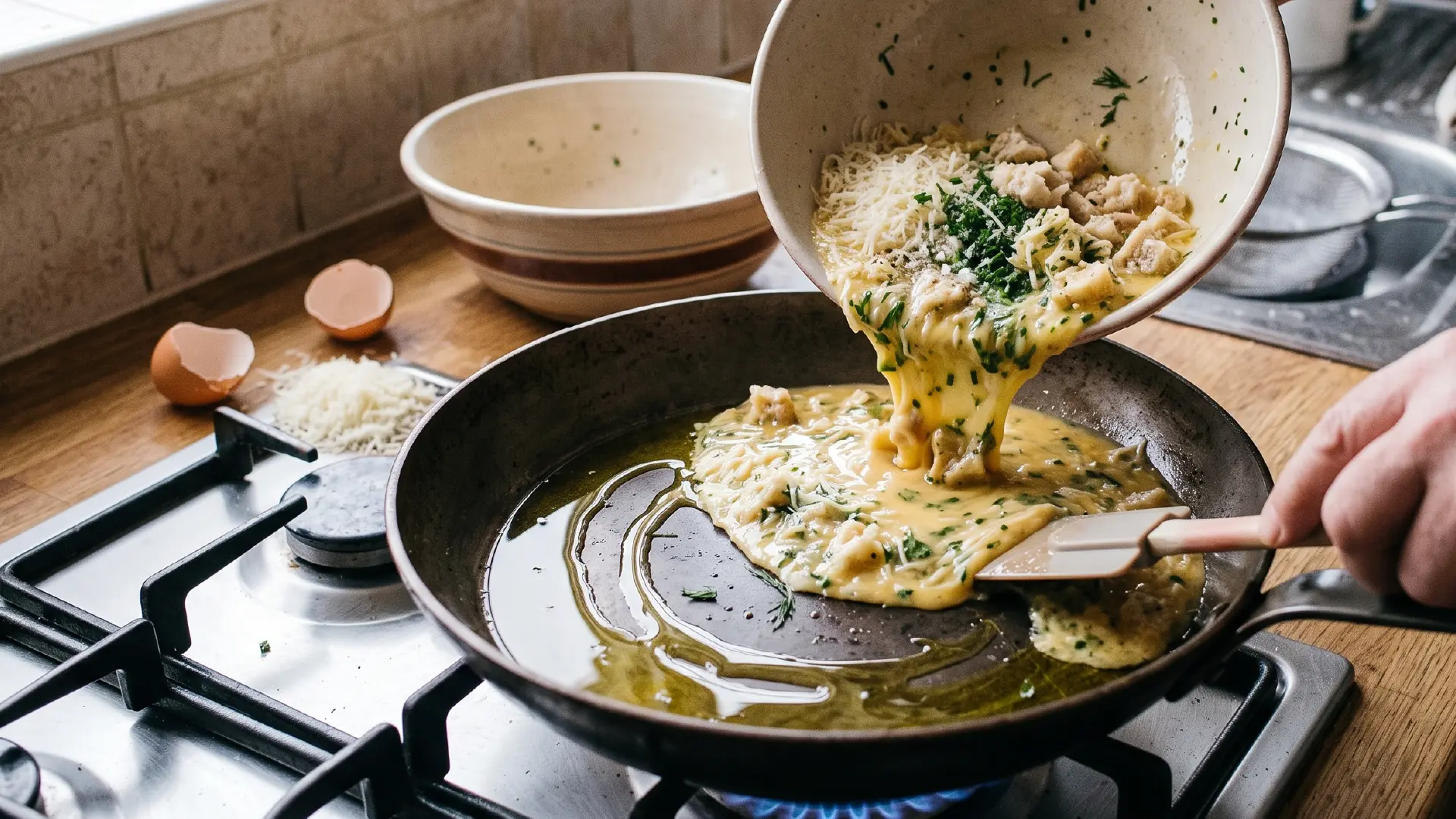 Egg and bread mixture being poured from a ceramic bowl into a warm, oiled skillet on a gas stove to cook a bread frittata.