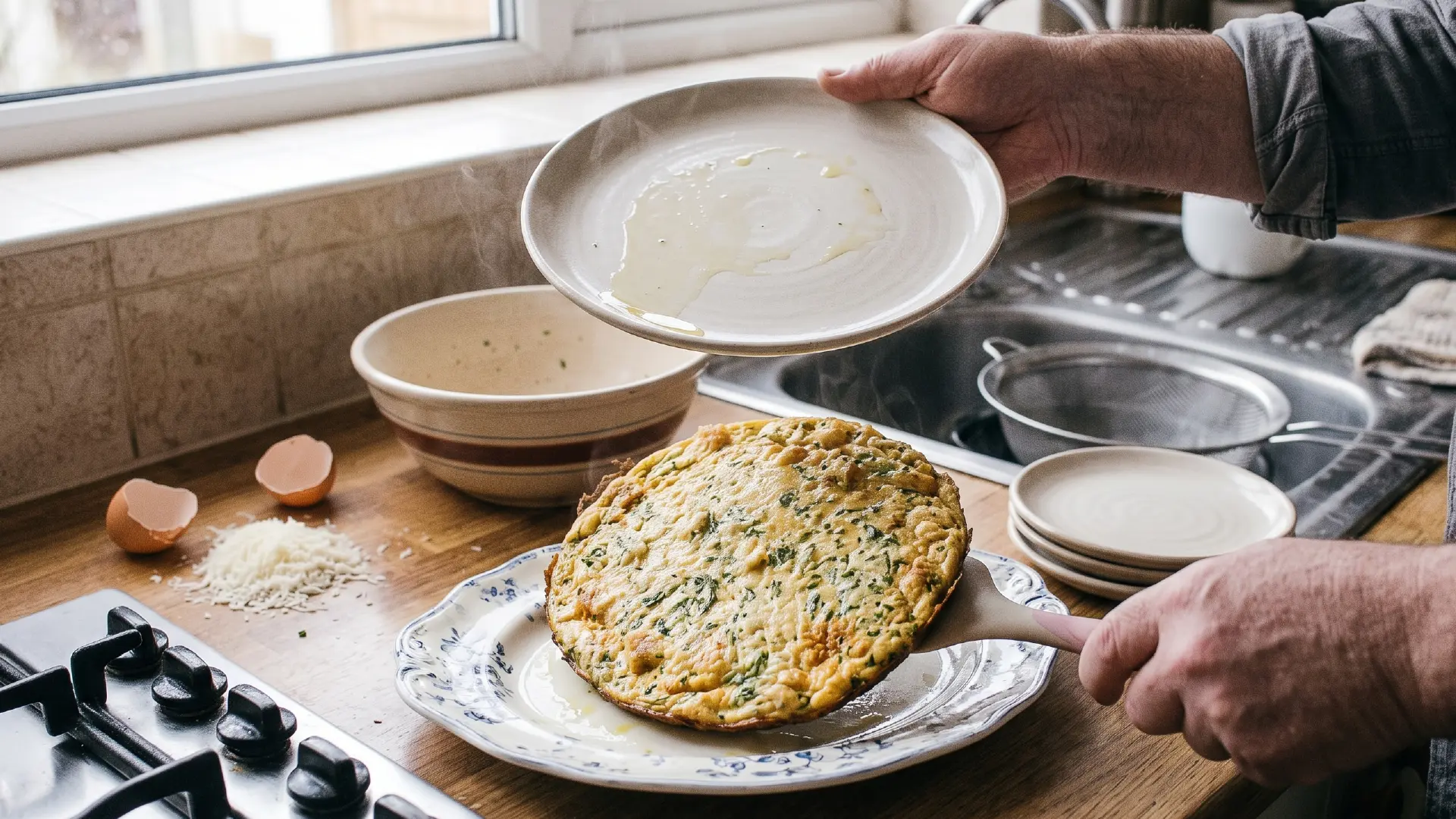 Hands carefully transfer a steaming, whole cooked bread frittata from a spatula onto a serving platter in a kitchen.