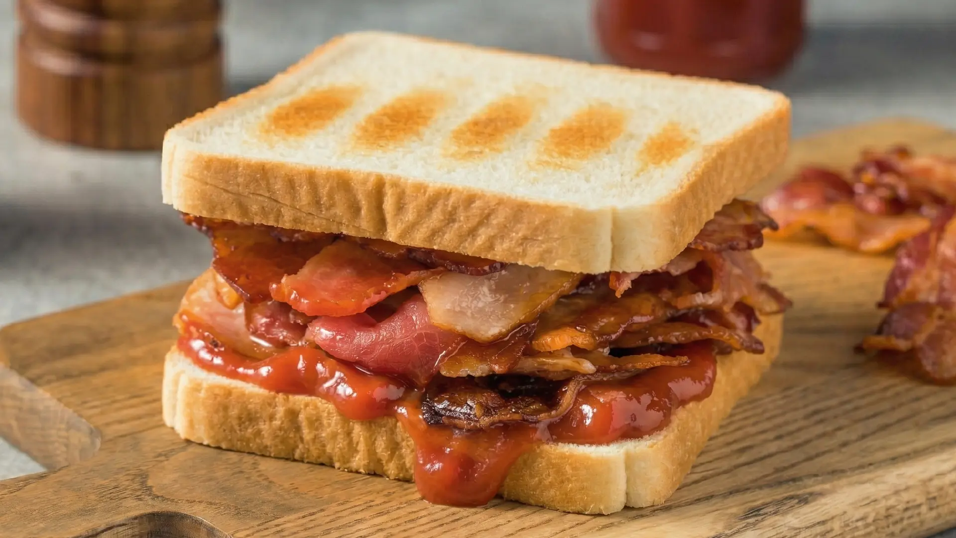 Toasted square white bread sandwich overflowing with crispy bacon and red ketchup on a rustic wooden cutting board.
