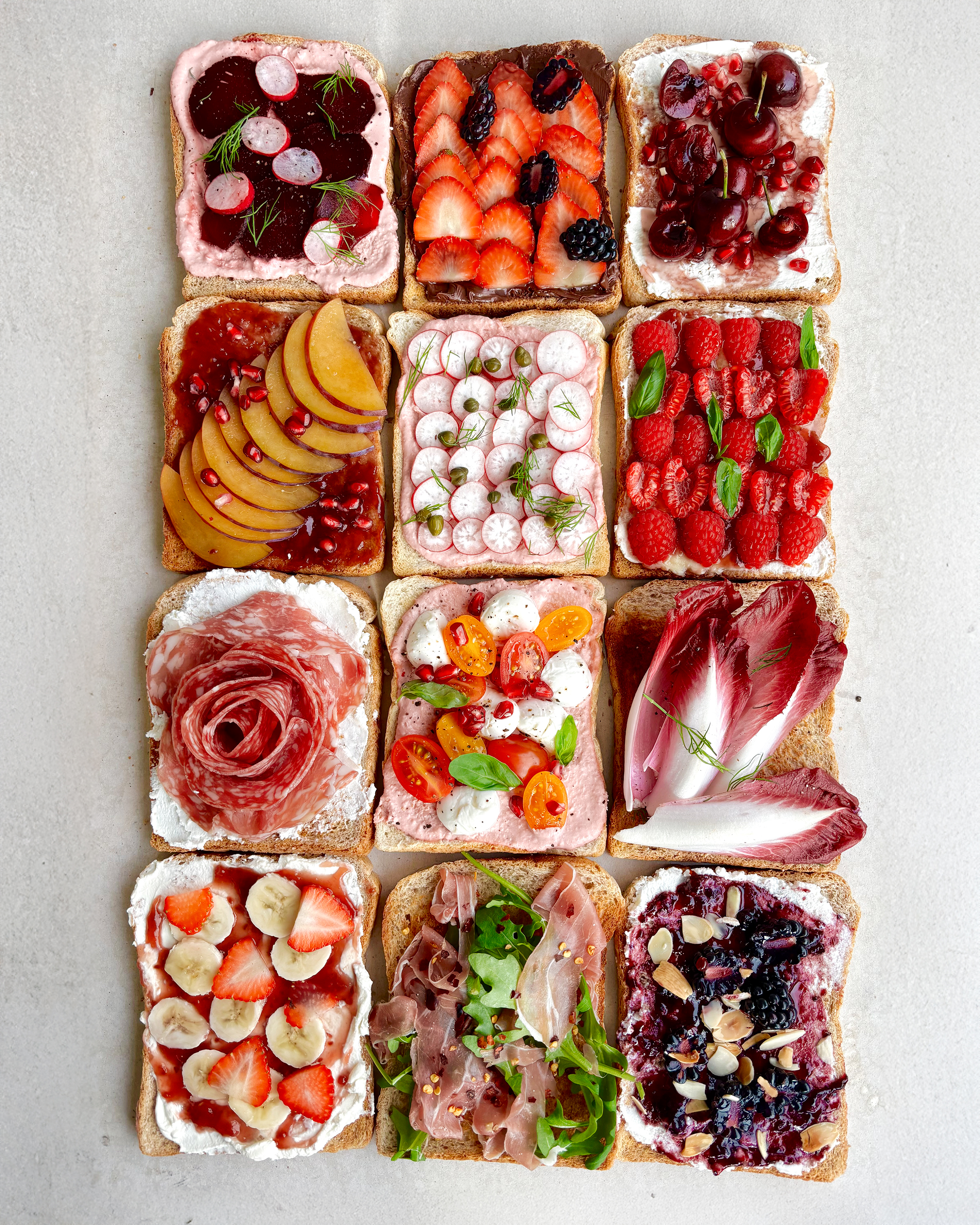 A beautifully arranged grid of twelve creative toast toppings showcases a mix of sweet and savoury flavours. Each slice features a unique combination of ingredients—from fresh fruits like strawberries, bananas, cherries, raspberries, blackberries, peaches, and pomegranate seeds to savoury additions like salami, prosciutto, radishes, tomatoes, and chicory leaves. Creamy bases such as ricotta, whipped cheese, or chocolate spread complement the colourful toppings, while herbs, nuts, and greens add extra texture and flair. The collection forms a visually striking, artistic display of gourmet toast variations.