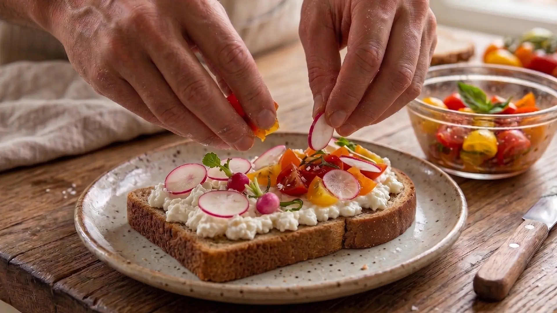 A person adds basil to ricotta toast with tomatoes on a wooden board, with radishes and cherry tomatoes nearby.