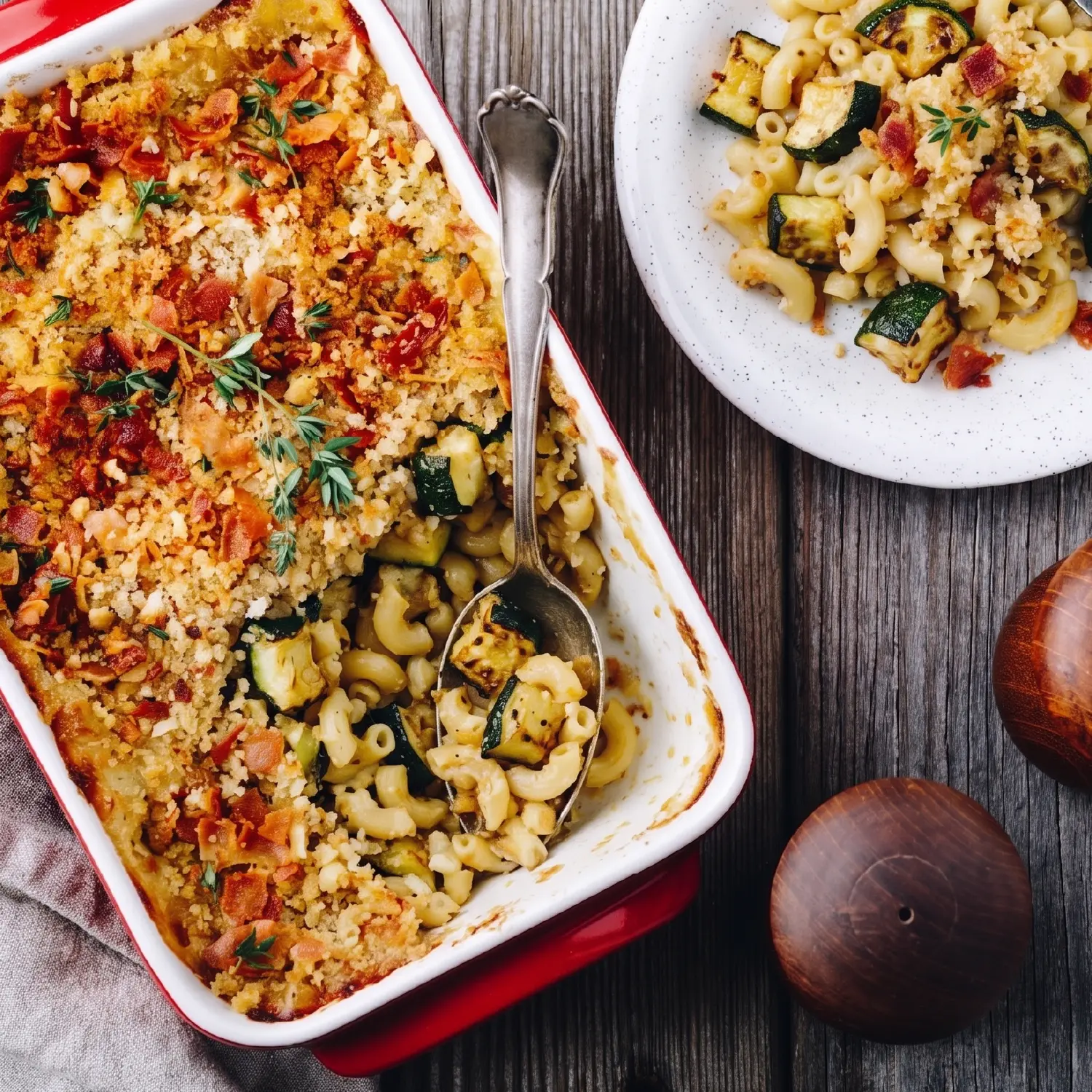 A high-angle shot of a baked courgette macaroni casserole in a red dish with a breadcrumb topping and fresh herbs.