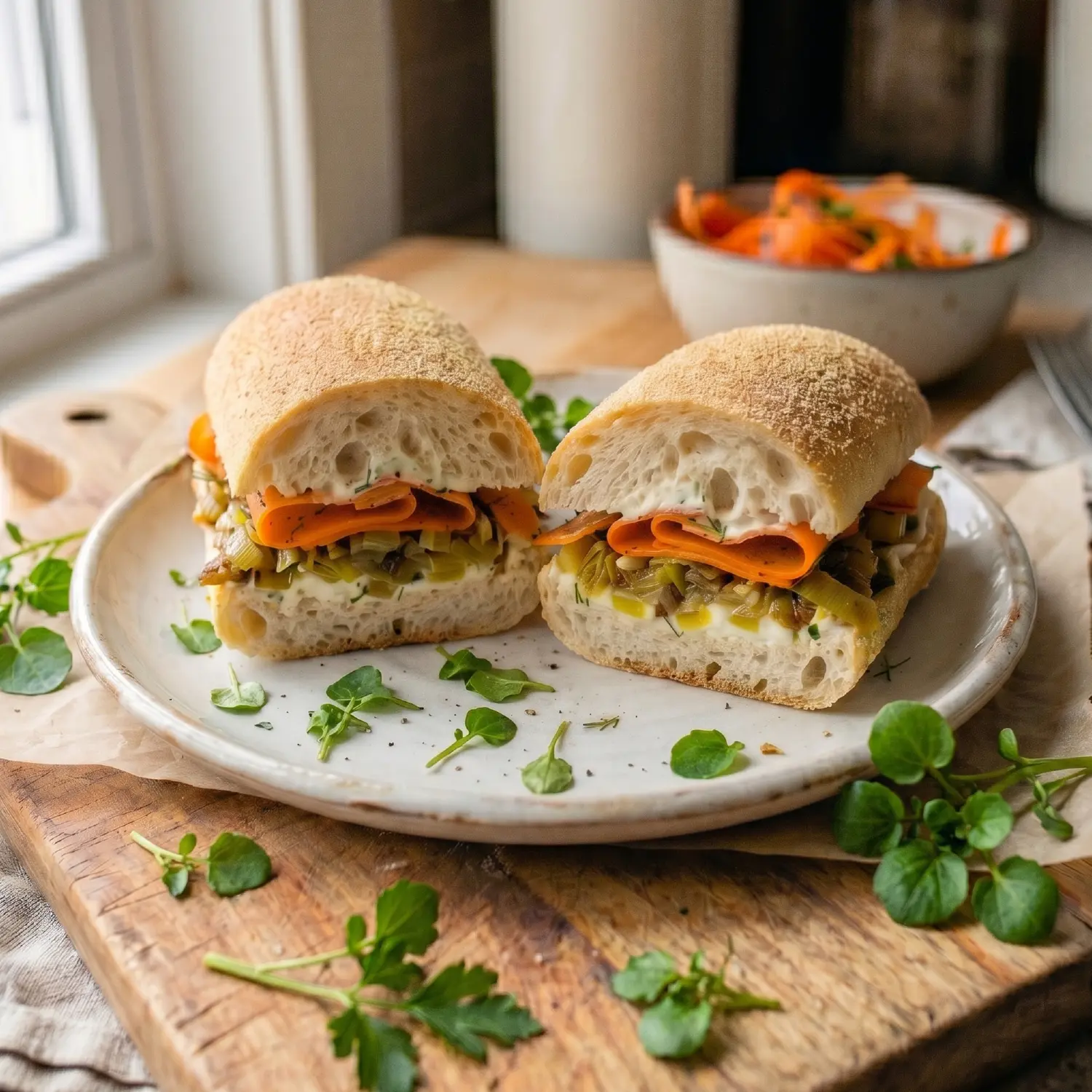 Sub roll halved with layers of 'melty' leeks, cream cheese, pickled carrot ribbons, and watercress, on a plate.