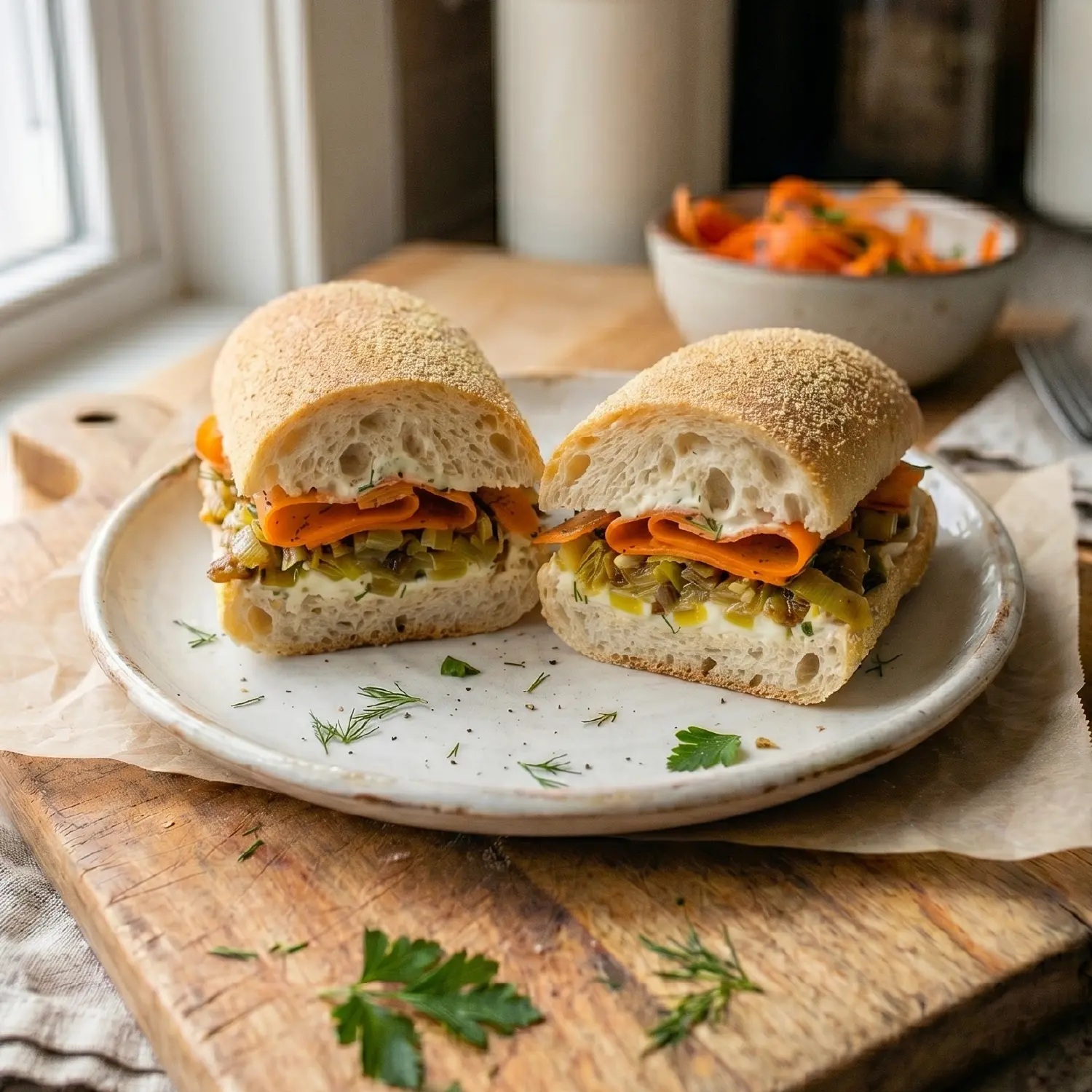 Sub roll halved with layers of 'melty' leeks, cream cheese, pickled carrot ribbons, and watercress, on a plate.