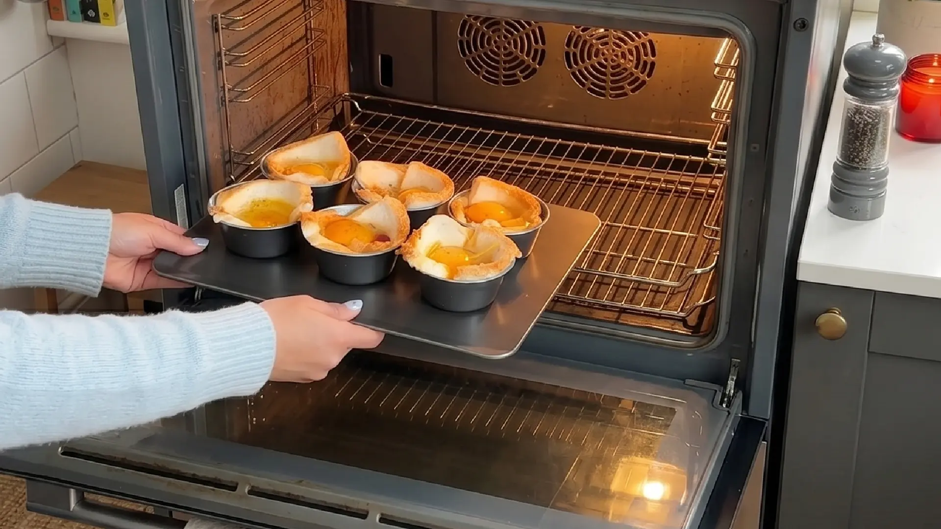 Hands placing a baking sheet with six egg-filled bread cups into a preheated oven to cook until golden and set.