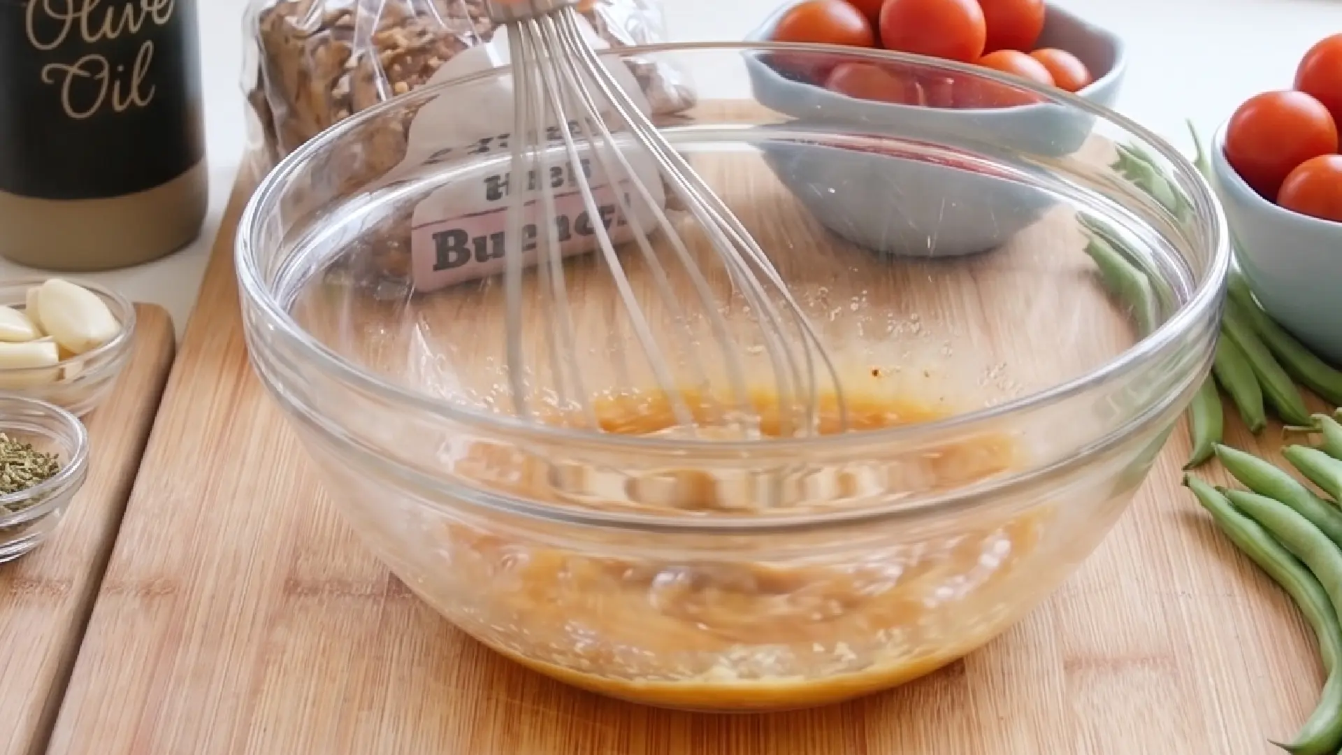 A metal whisk stirs a golden dressing inside a large glass bowl on a wooden cutting board surrounded by ingredients.