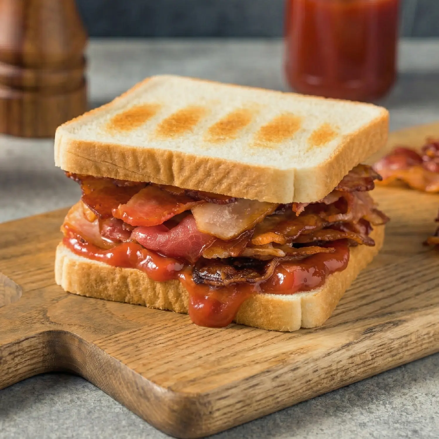 A stacked bacon sandwich with bread and ketchup on a wooden board, with a ketchup jar and pepper mill in the background.