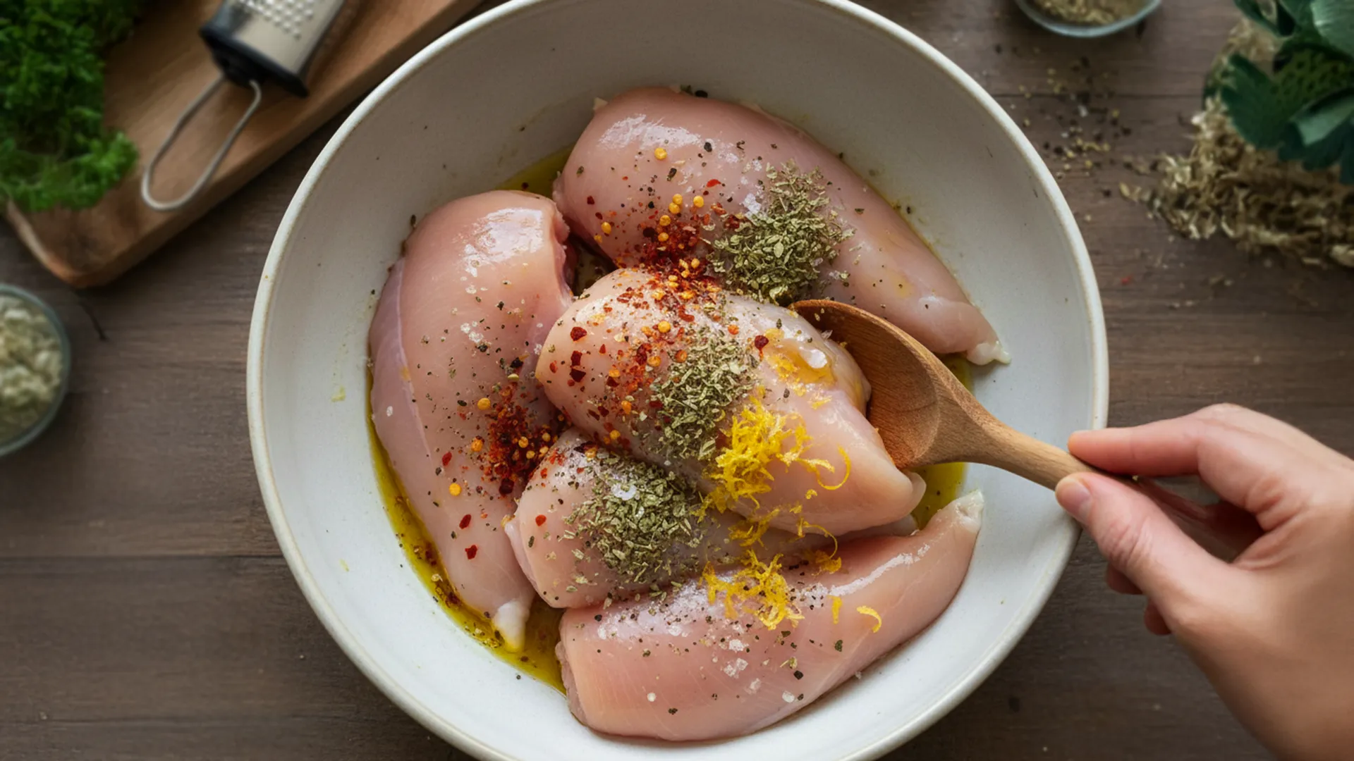 Raw chicken marinating in a bowl of olive oil, lemon zest, oregano and seasoning 