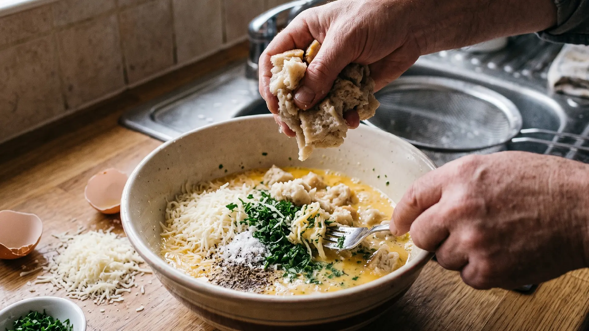 Hands adding squeezed bread to a bowl with beaten eggs, grated Parmesan, herbs and seasonings for a bread frittata recipe.