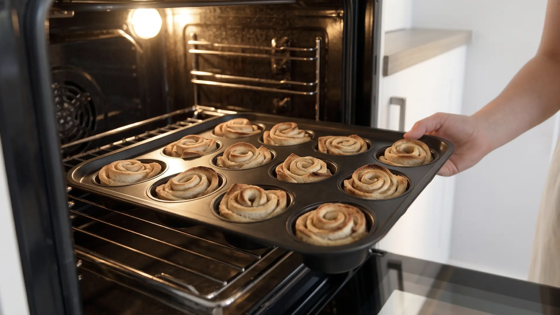 A hand placing a muffin tray filled with golden baked rose shaped pastries into a lit, open oven.